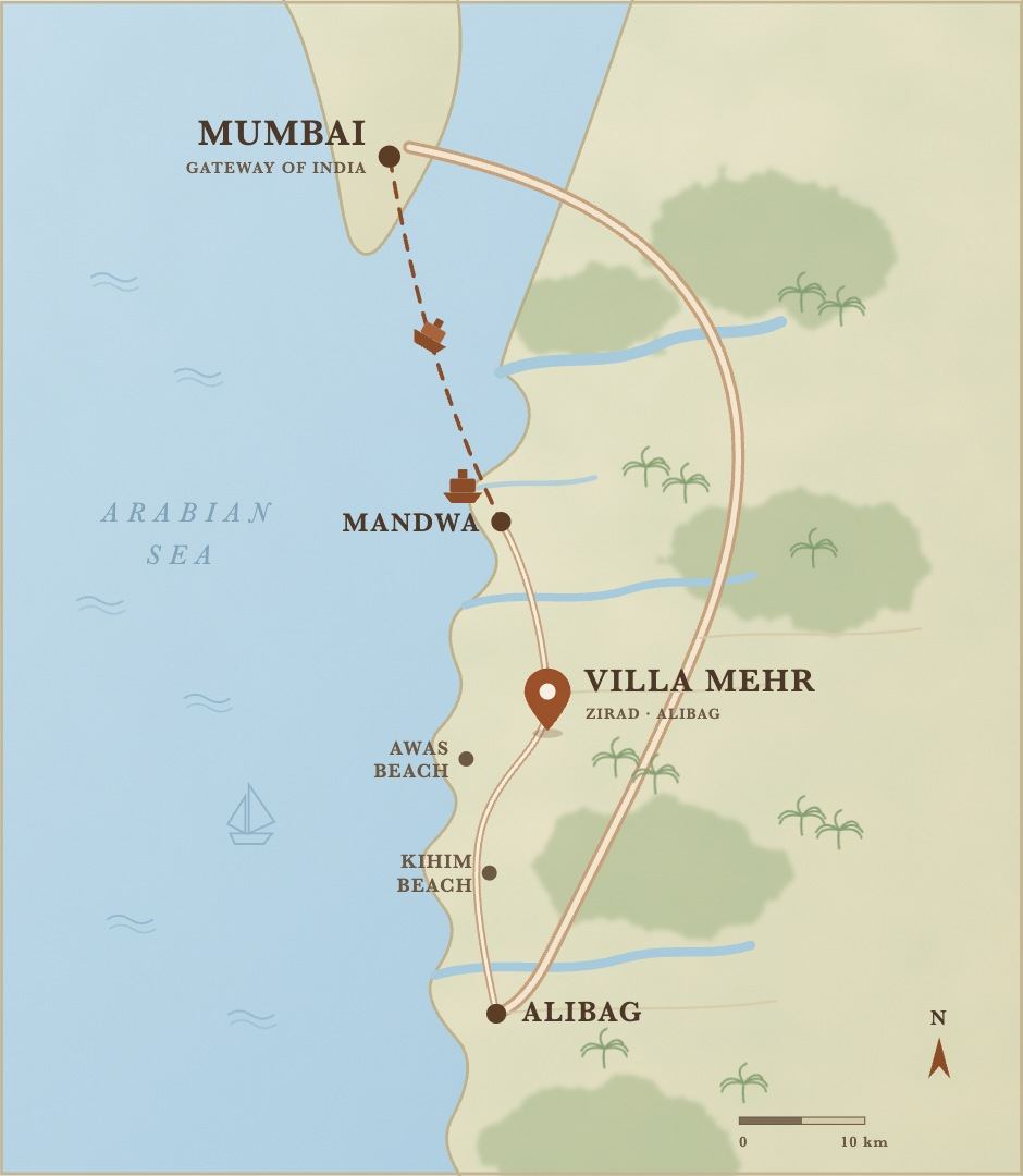 Map showing Villa Mehr at Zirad, between Mandwa and Alibag