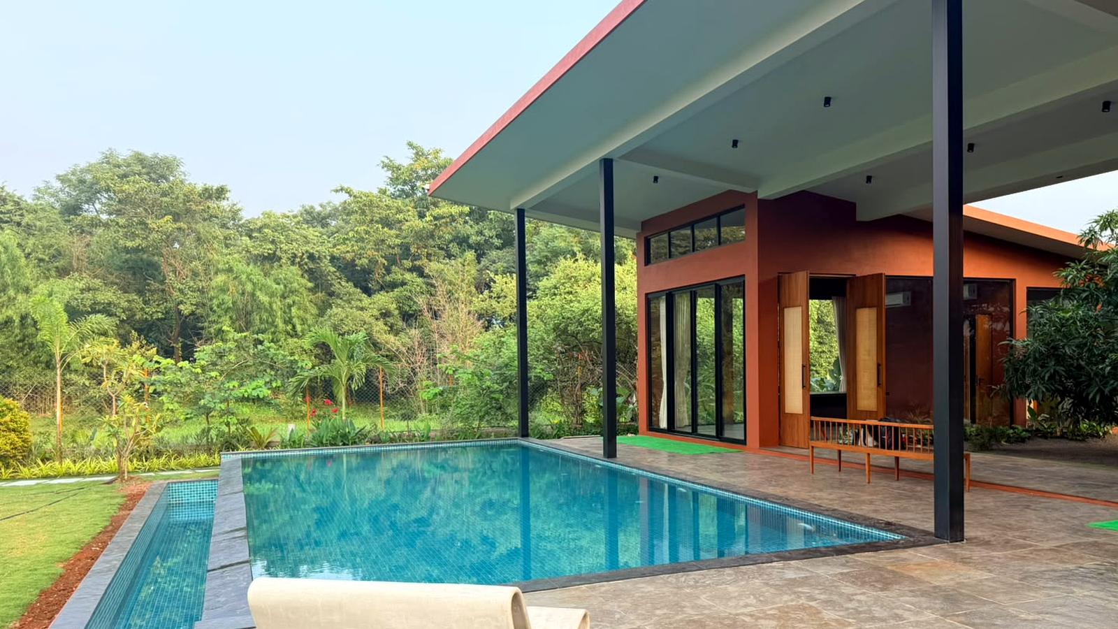 Pool and veranda at golden hour